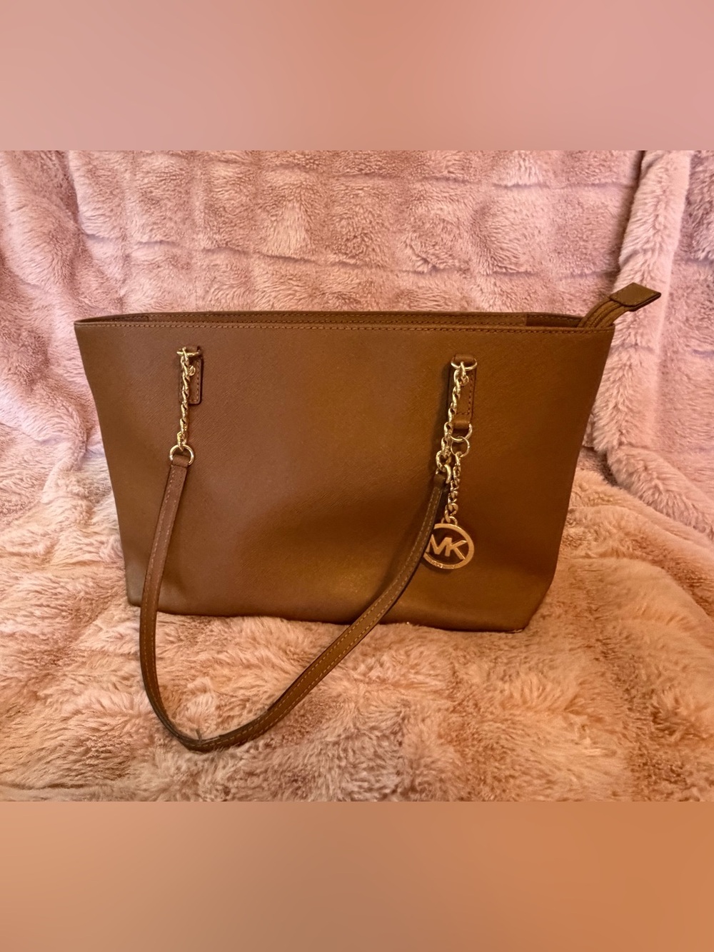 Michael Kors Brown Saffiano Tote with Gold Chain Charm - Picture 3 of 4